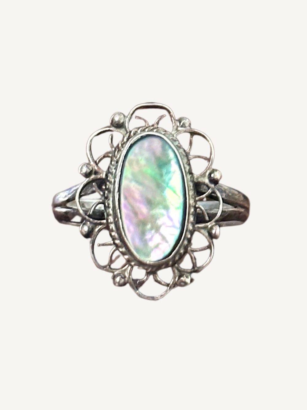 Vintage Sterling Silver Filigree Abalone Ring 925 Size 6.25
